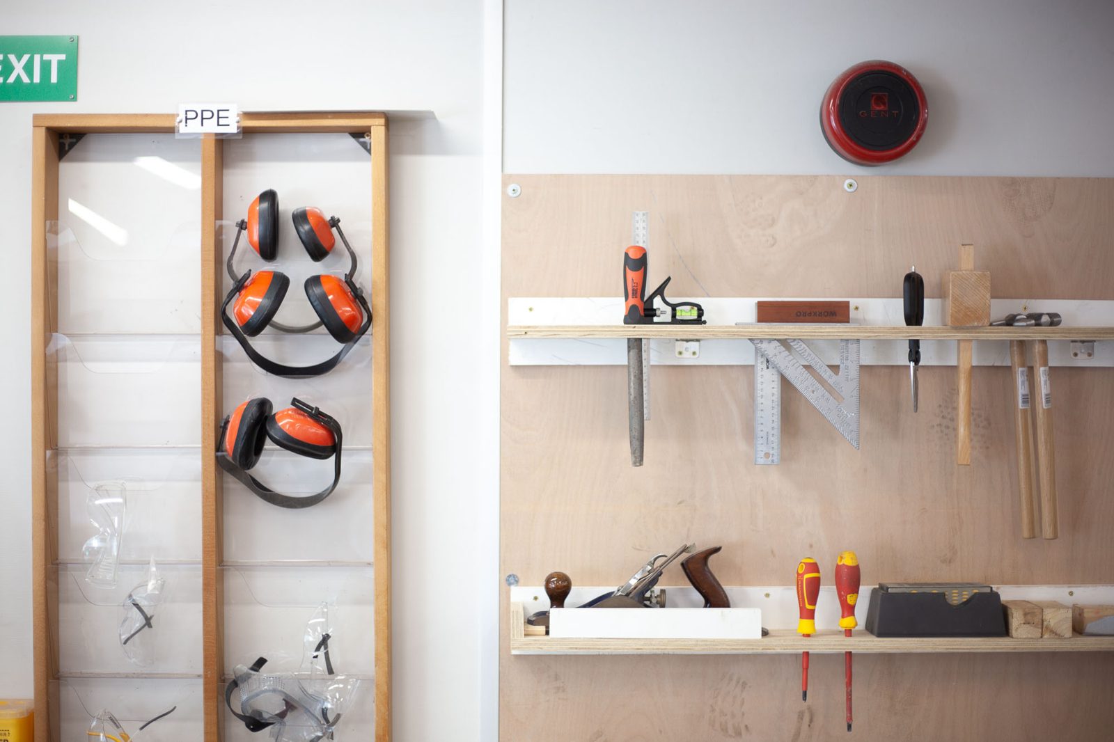 Hand tools and safety kit in the workshop