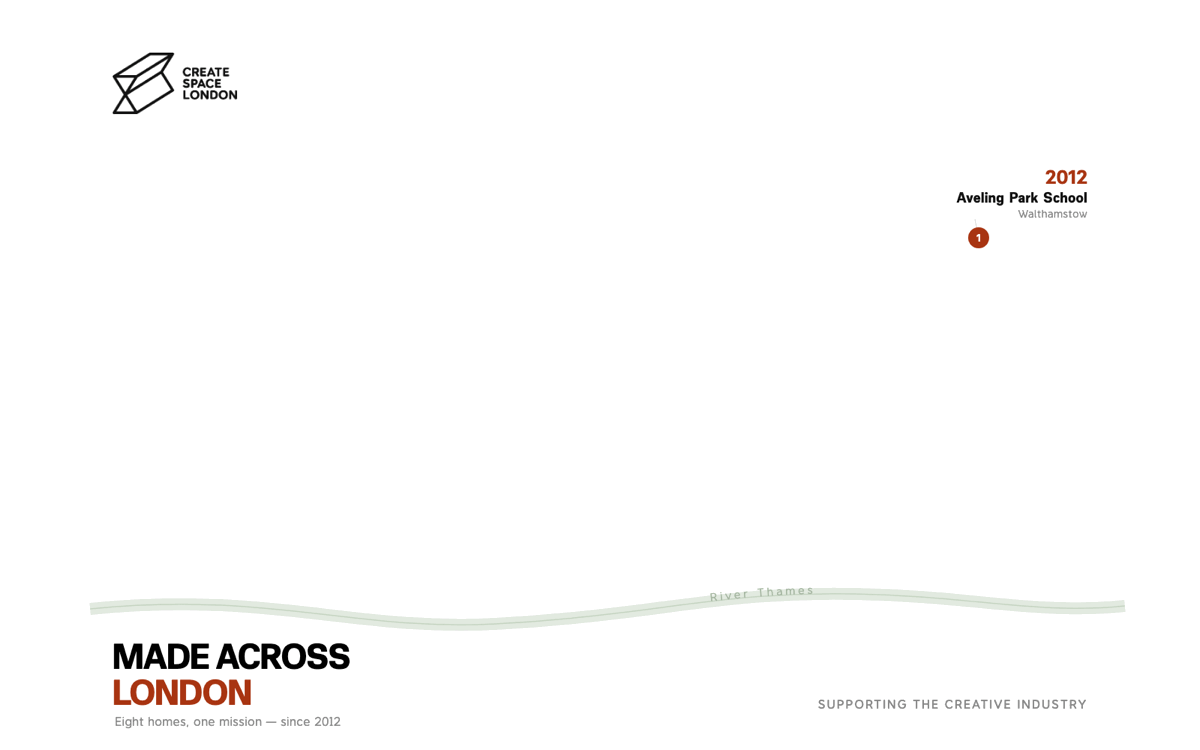 Map of London showing Create Space London's homes since 2012, ending in Kensington